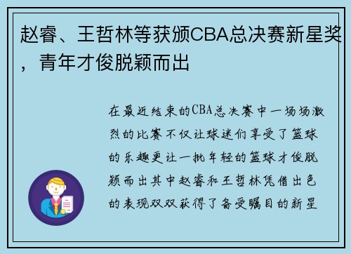 赵睿、王哲林等获颁CBA总决赛新星奖，青年才俊脱颖而出