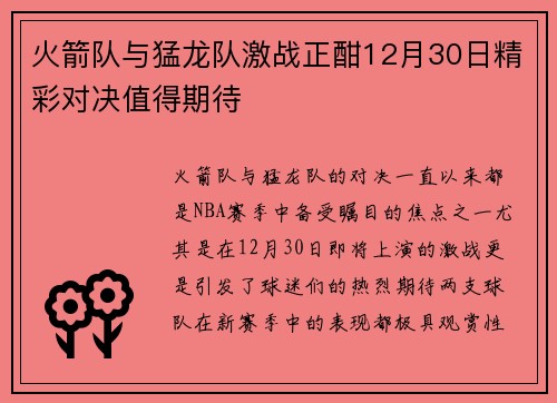 火箭队与猛龙队激战正酣12月30日精彩对决值得期待