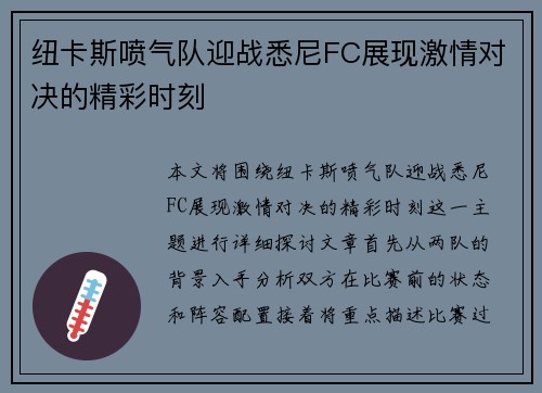 纽卡斯喷气队迎战悉尼FC展现激情对决的精彩时刻