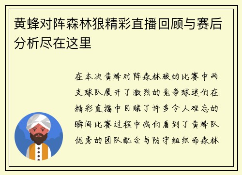 黄蜂对阵森林狼精彩直播回顾与赛后分析尽在这里