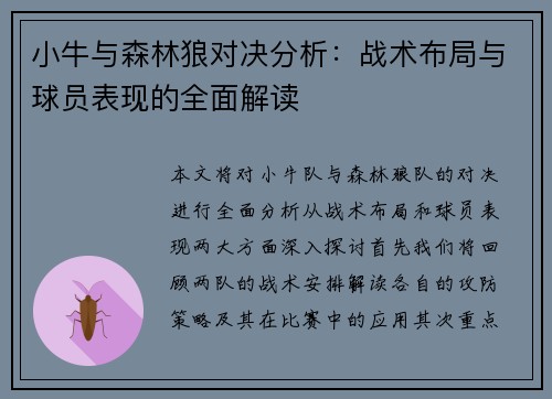 小牛与森林狼对决分析：战术布局与球员表现的全面解读
