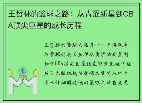 王哲林的篮球之路：从青涩新星到CBA顶尖巨星的成长历程