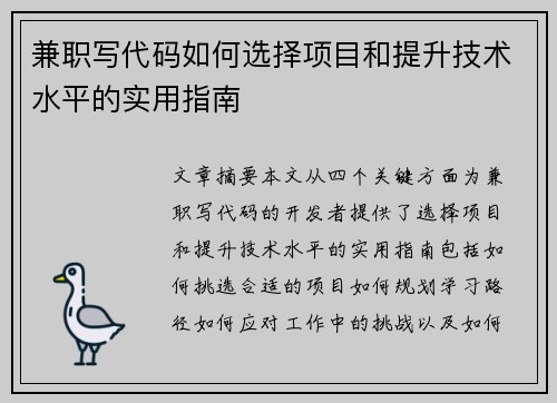 兼职写代码如何选择项目和提升技术水平的实用指南
