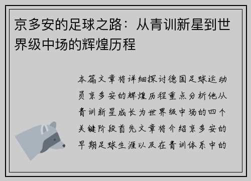 京多安的足球之路：从青训新星到世界级中场的辉煌历程