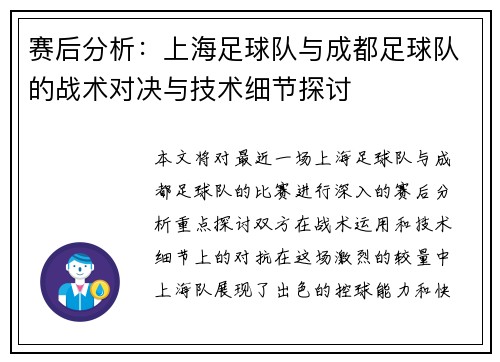 赛后分析：上海足球队与成都足球队的战术对决与技术细节探讨